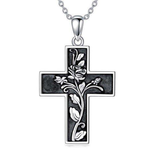 Sterling Silver Two-tone Rose & Cross Pendant Necklace