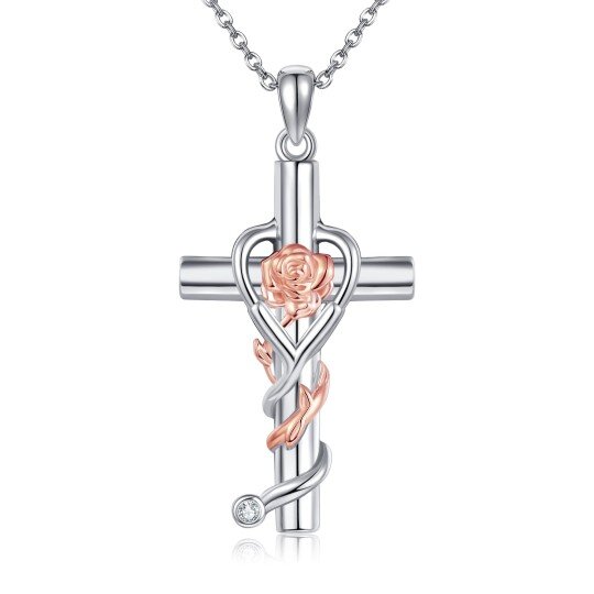 Sterling Silver Two-tone Rose & Cross & Stethoscope Pendant Necklace