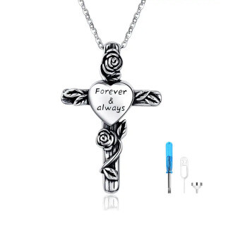 Sterling Silver Two-tone Rose & Cross Urn Necklace for Ashes with Engraved Word-40