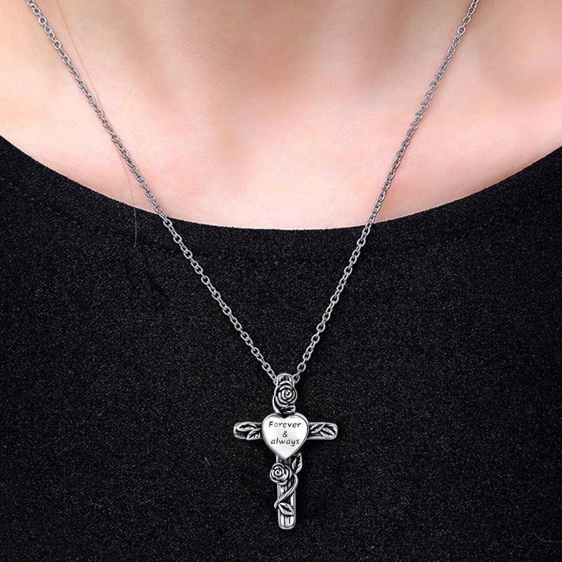 Sterling Silver Two-tone Rose & Cross Urn Necklace for Ashes with Engraved Word-2