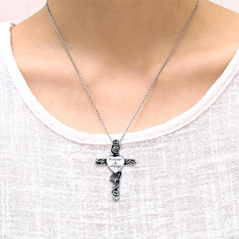Sterling Silver Two-tone Rose & Cross Urn Necklace for Ashes with Engraved Word-3