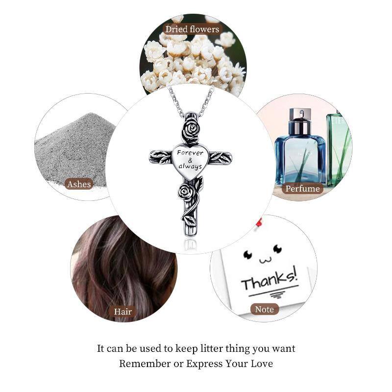 Collier Urne en argent sterling bicolore Rose et Croix avec mot gravé-4