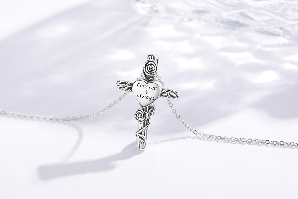 Sterling Silver Two-tone Rose & Cross Urn Necklace for Ashes with Engraved Word-5