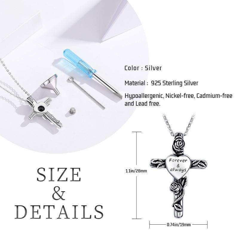 Sterling Silver Two-tone Rose & Cross Urn Necklace for Ashes with Engraved Word-6