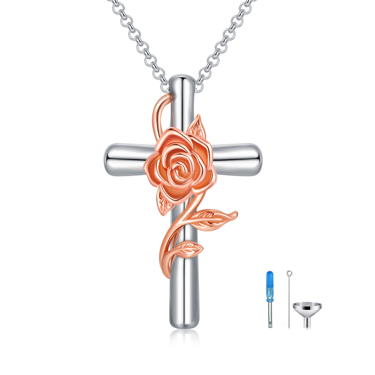 Sterling Silver Two-tone Rose & Cross Urn Necklace for Ashes-1