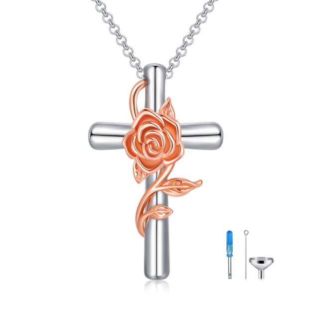 Collana con urna con croce rosa in argento sterling per ceneri-1