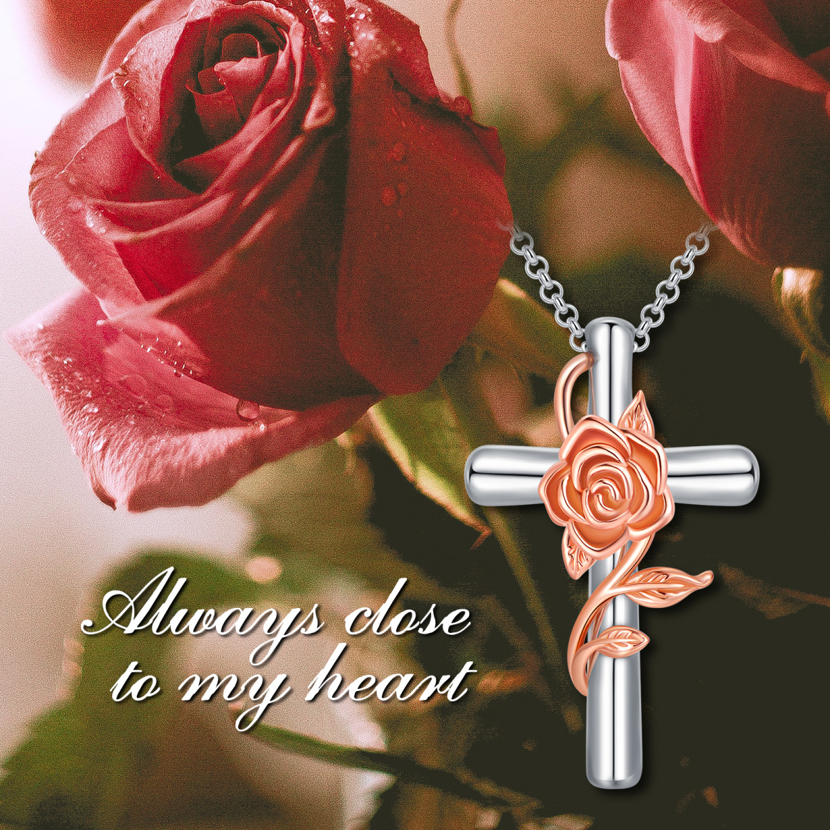 Sterling Silber zweifarbig Rose & Kreuz Urne Halskette für Asche-3