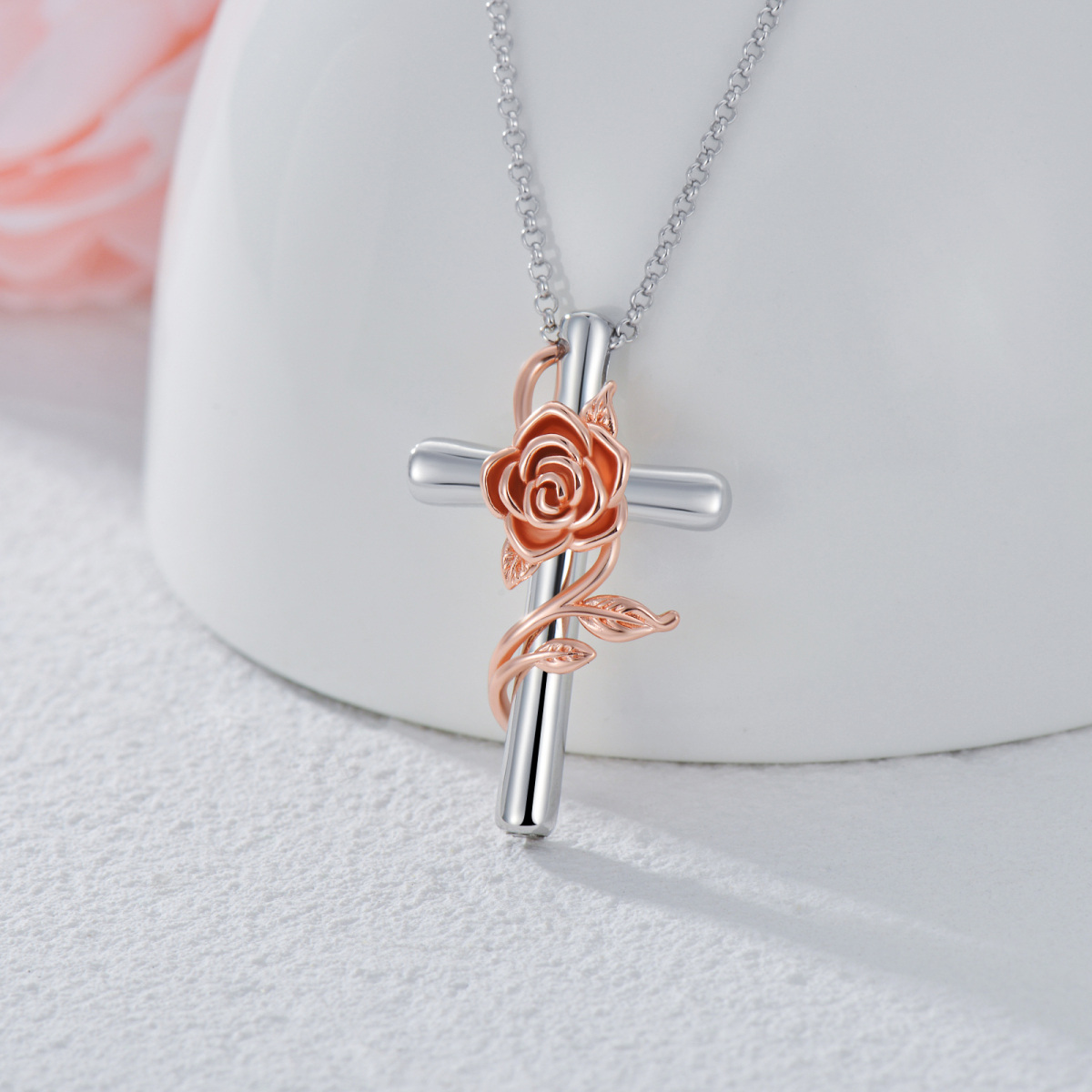 Sterling Silber zweifarbig Rose & Kreuz Urne Halskette für Asche-4