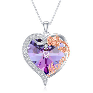 Sterling Silver Two-tone Rose Crystal Heart Pendant Necklace with Engraved Word-1