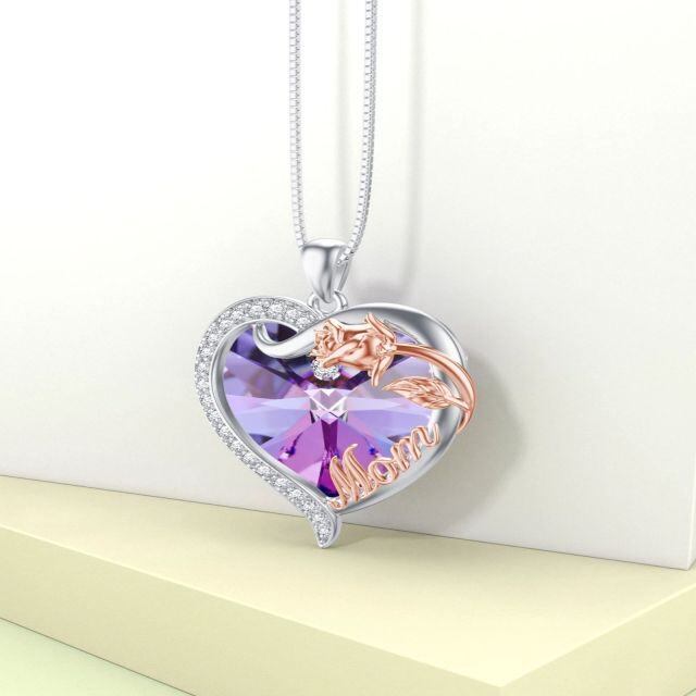 Sterling Silver Two-tone Rose Crystal Heart Pendant Necklace with Engraved Word-3