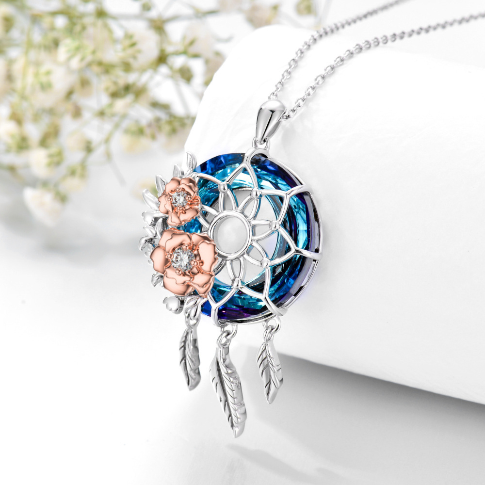 Colar com pingente de prata esterlina com dois tons de rosa e cristal apanhador de sonhos-4