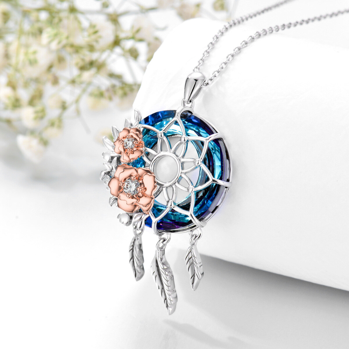 Sterling Silver Two-tone Rose & Dream Catcher Crystal Pendant Necklace-4