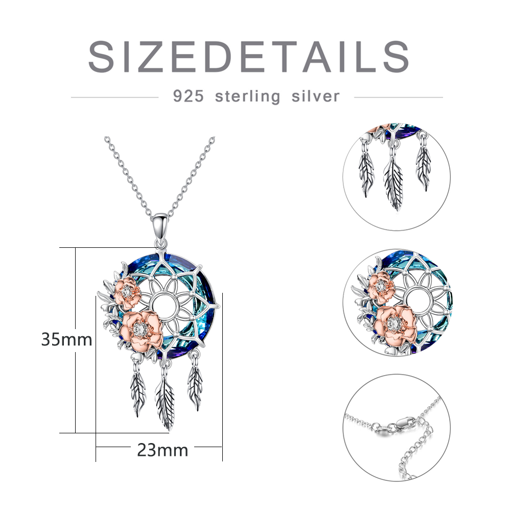 Colar com pingente de prata esterlina com dois tons de rosa e cristal apanhador de sonhos-5