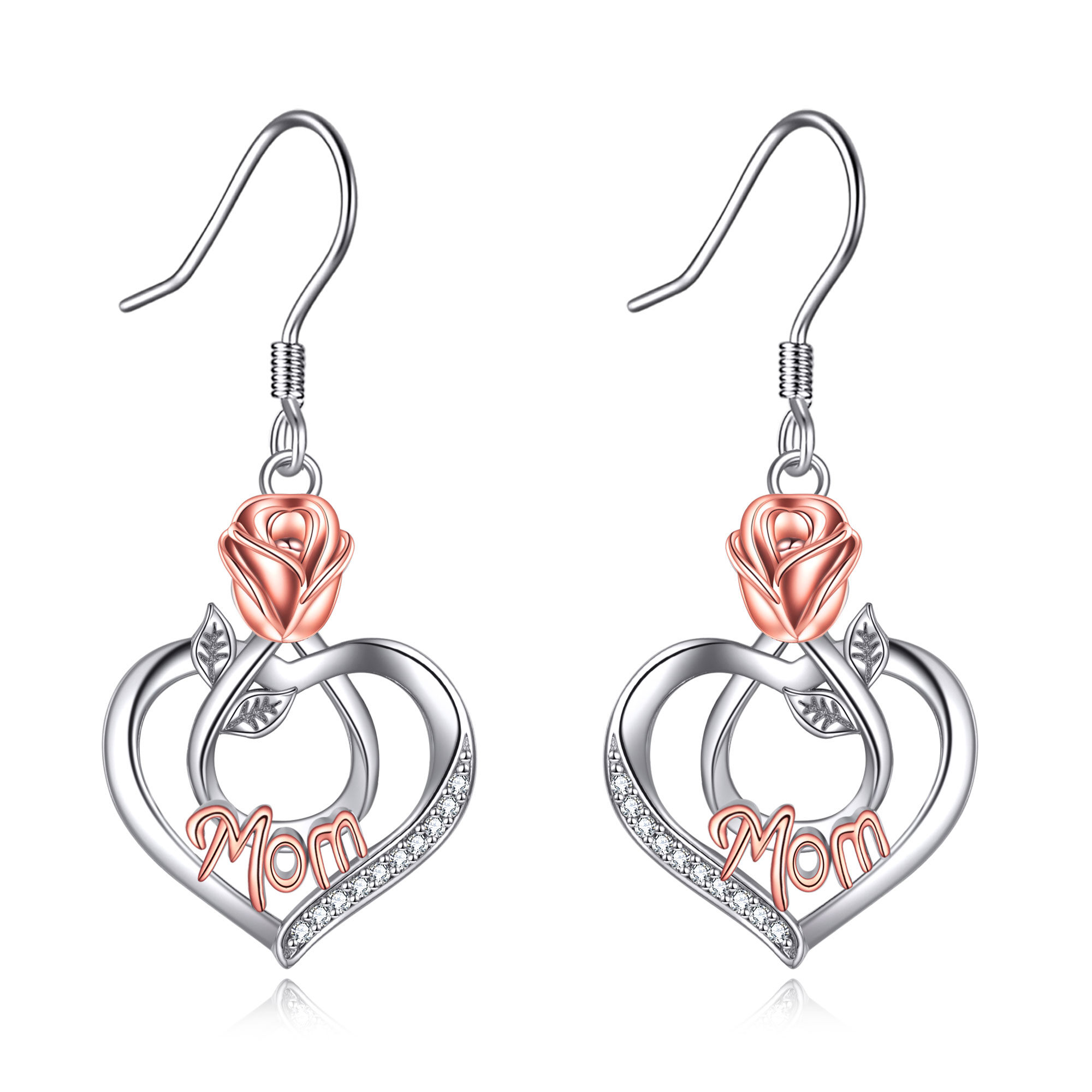 Sterling Silver Two-tone Cubic Zirconia Rose Drop Earrings