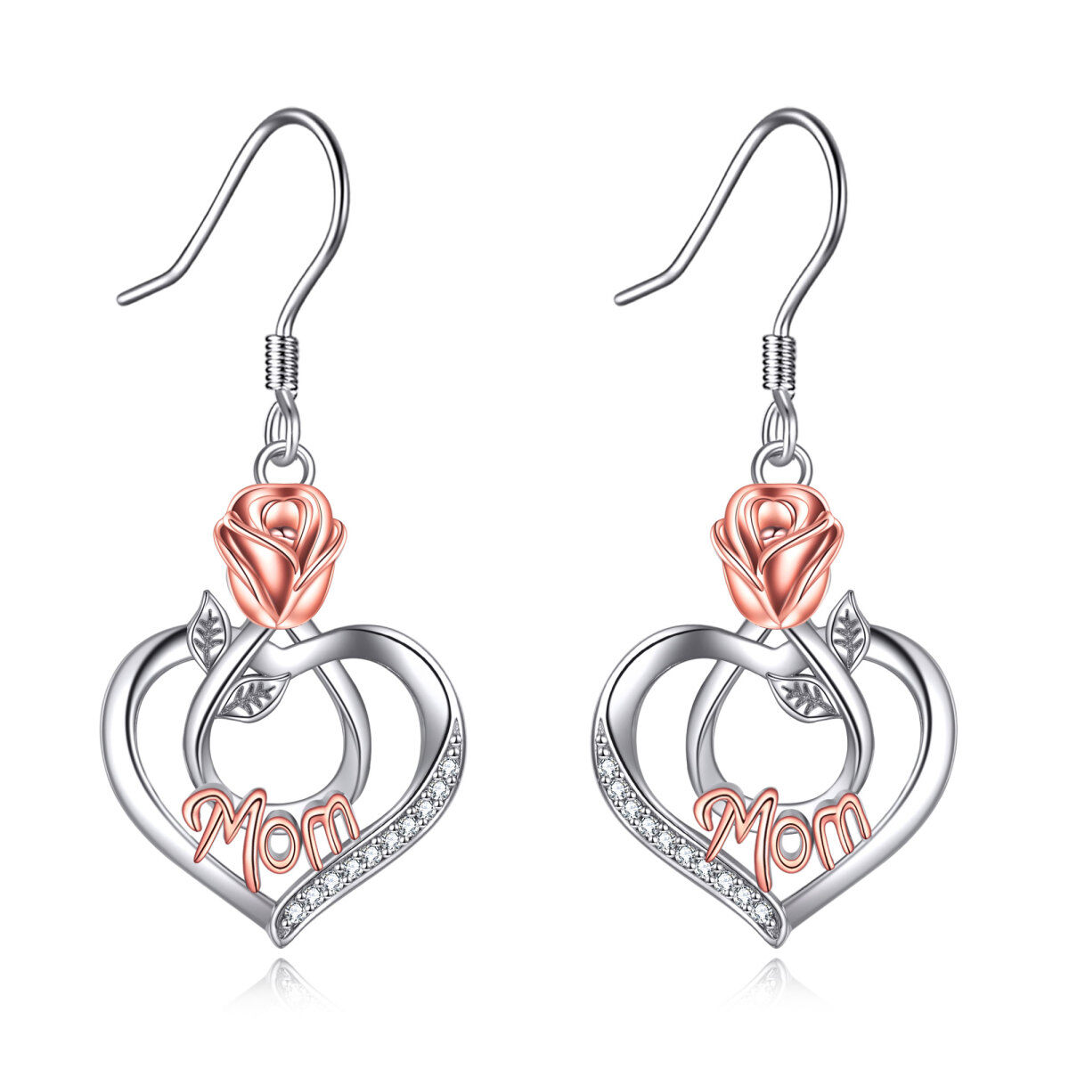 Sterling Silver Two-tone Cubic Zirconia Rose Drop Earrings-1