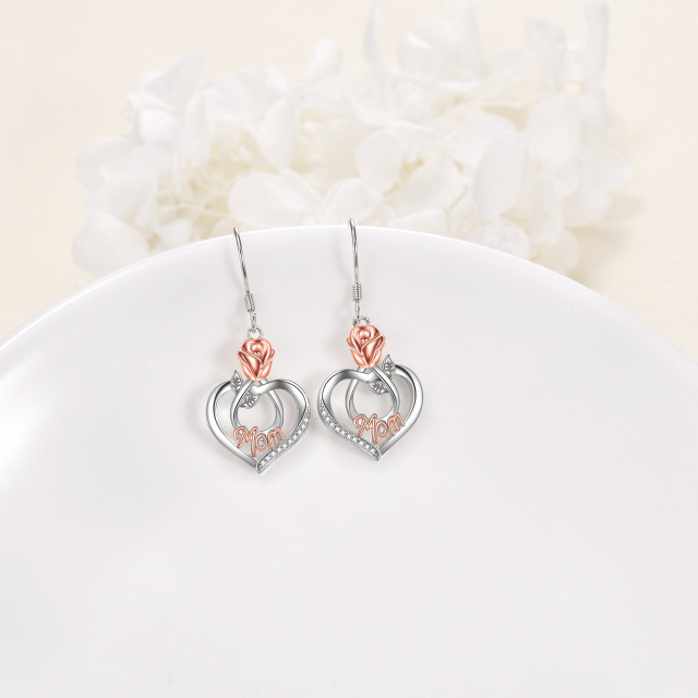 Boucles d'oreilles pendantes en argent sterling avec rose en zircon cubique bicolore-3