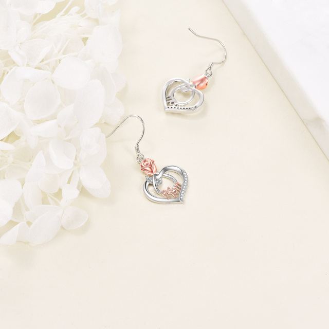 Boucles d'oreilles pendantes en argent sterling avec rose en zircon cubique bicolore-4