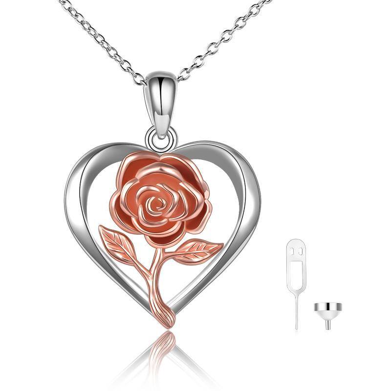 Collier pour cendres en argent sterling avec fleur de rose et cœur bicolore-1