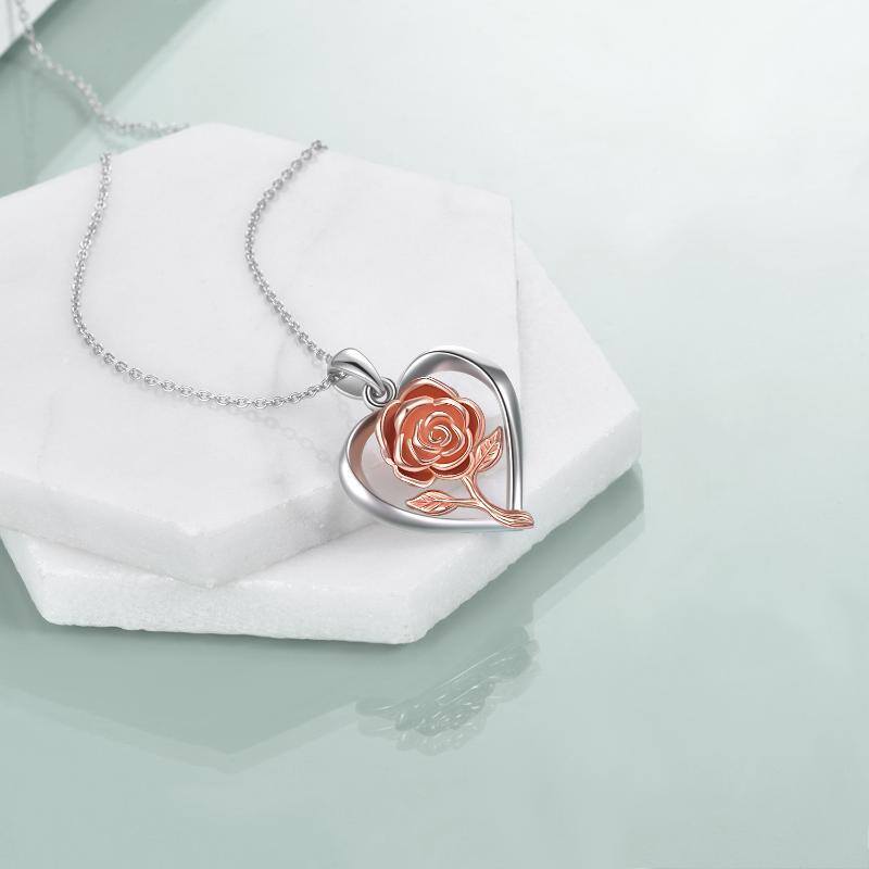 Collier pour cendres en argent sterling avec fleur de rose et cœur bicolore-3