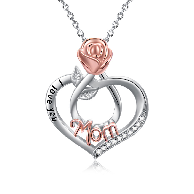 Sterling Silver Two-tone Cubic Zirconia Rose & Heart Mom Pendant Necklace with Engraved Word-9