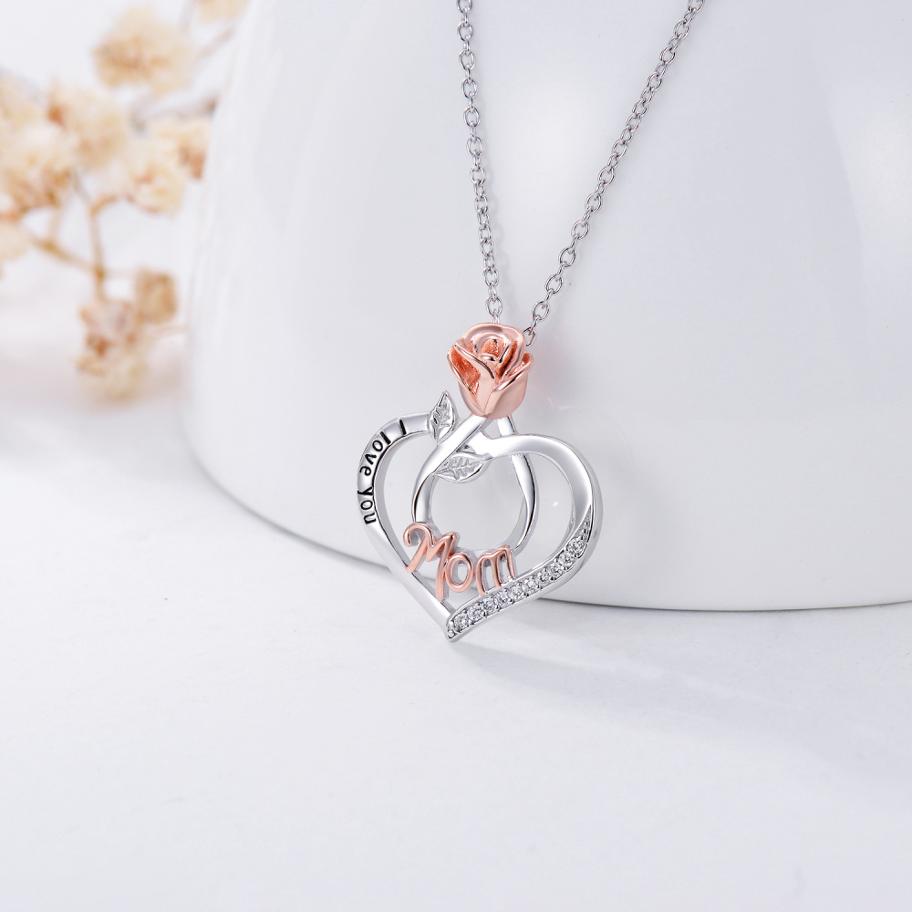 Collar de plata de ley con dos tonos de circonita cúbica rosa y corazón colgante mamá con palabra grabada-3