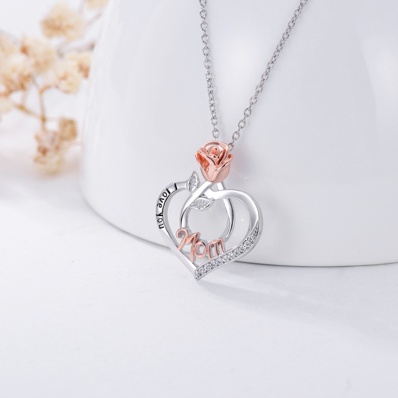 Sterling Silver Two-tone Cubic Zirconia Rose & Heart Mom Pendant Necklace with Engraved Word-3