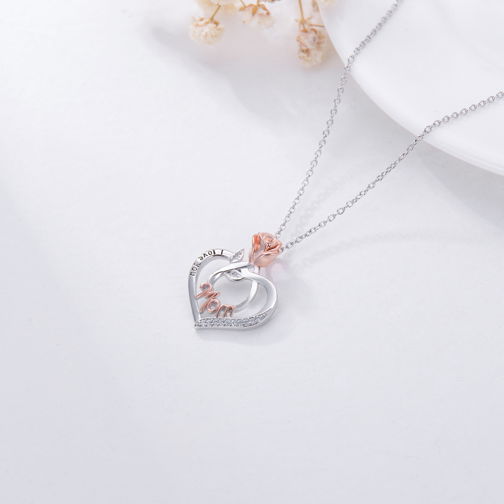 Collar de plata de ley con dos tonos de circonita cúbica rosa y corazón colgante mamá con palabra grabada-4