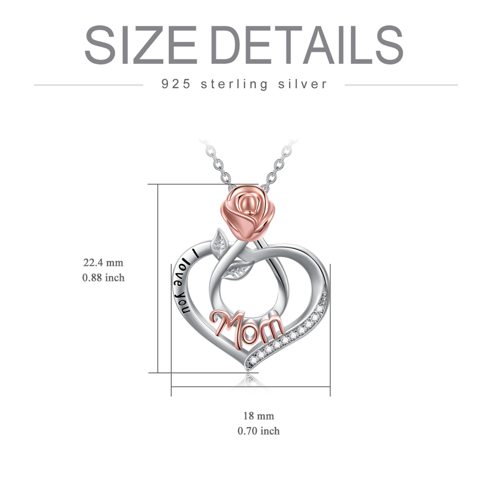 Collar de plata de ley con dos tonos de circonita cúbica rosa y corazón colgante mamá con palabra grabada-5