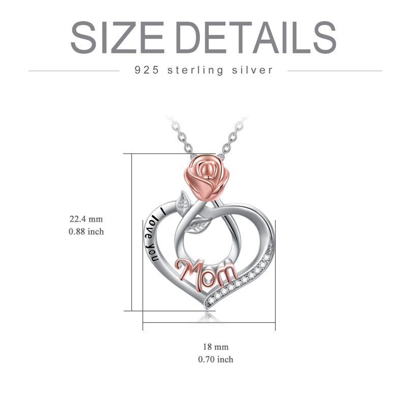 Sterling Silver Two-tone Cubic Zirconia Rose & Heart Mom Pendant Necklace with Engraved Word-5