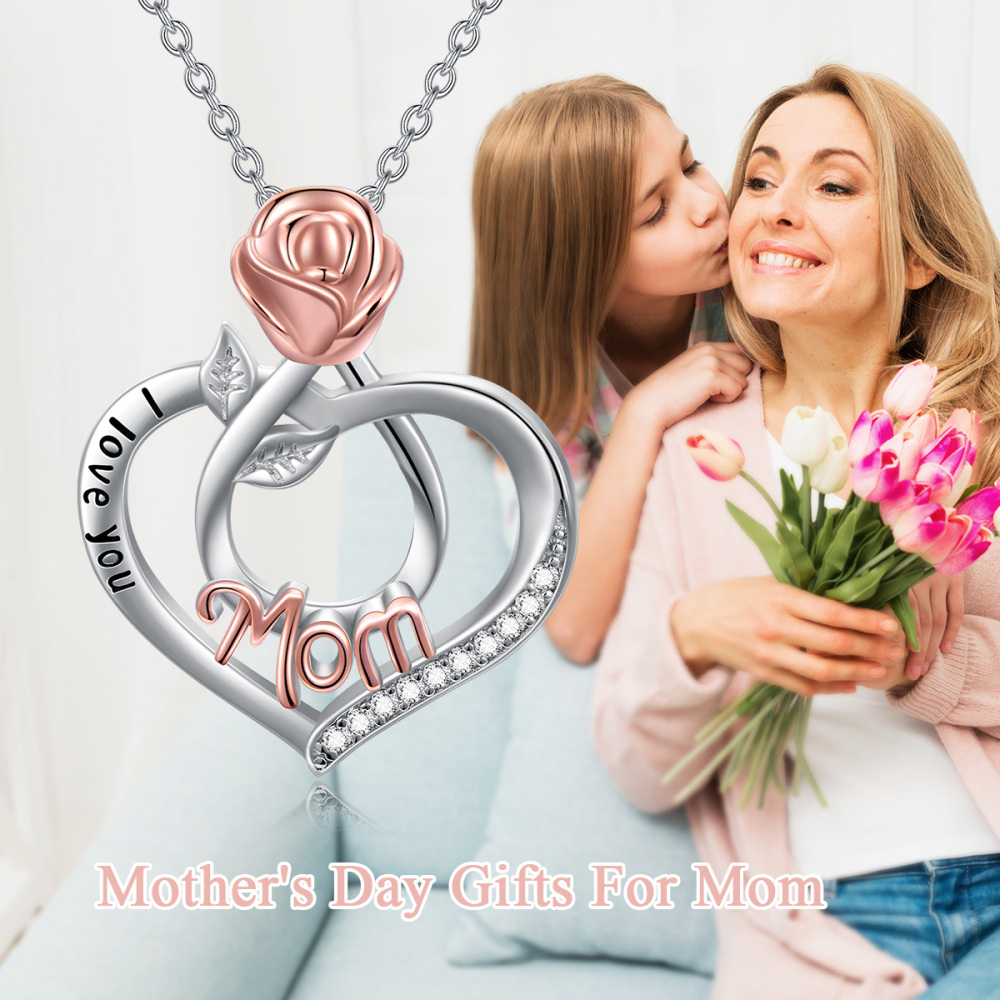 Collar de plata de ley con dos tonos de circonita cúbica rosa y corazón colgante mamá con palabra grabada-6