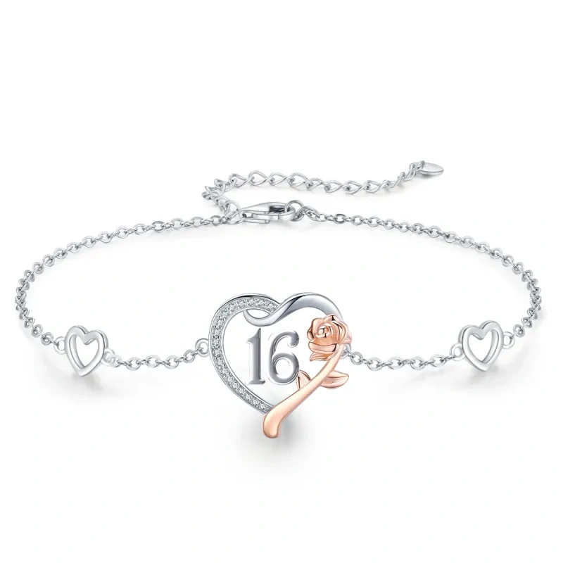 Bracelet en argent sterling avec pendentif rose et cœur bicolore