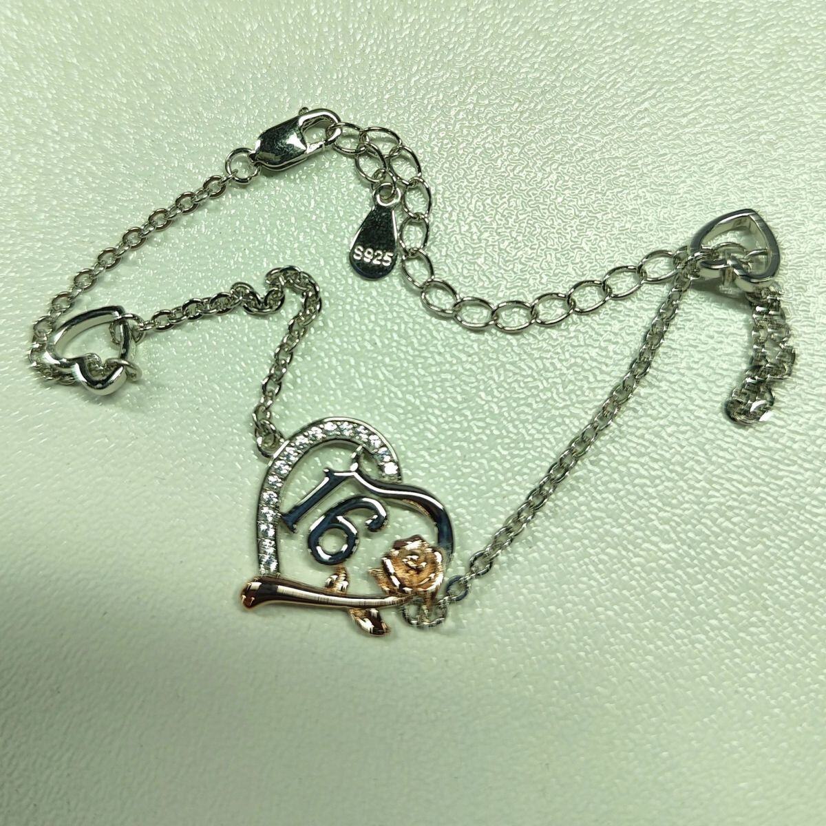 Sterling Silver Two-tone Rose & Heart Pendant Bracelet-2