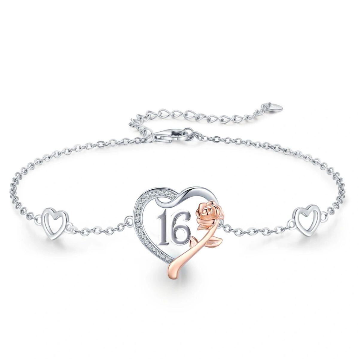 Sterling Silver Two-tone Rose & Heart Pendant Bracelet-3