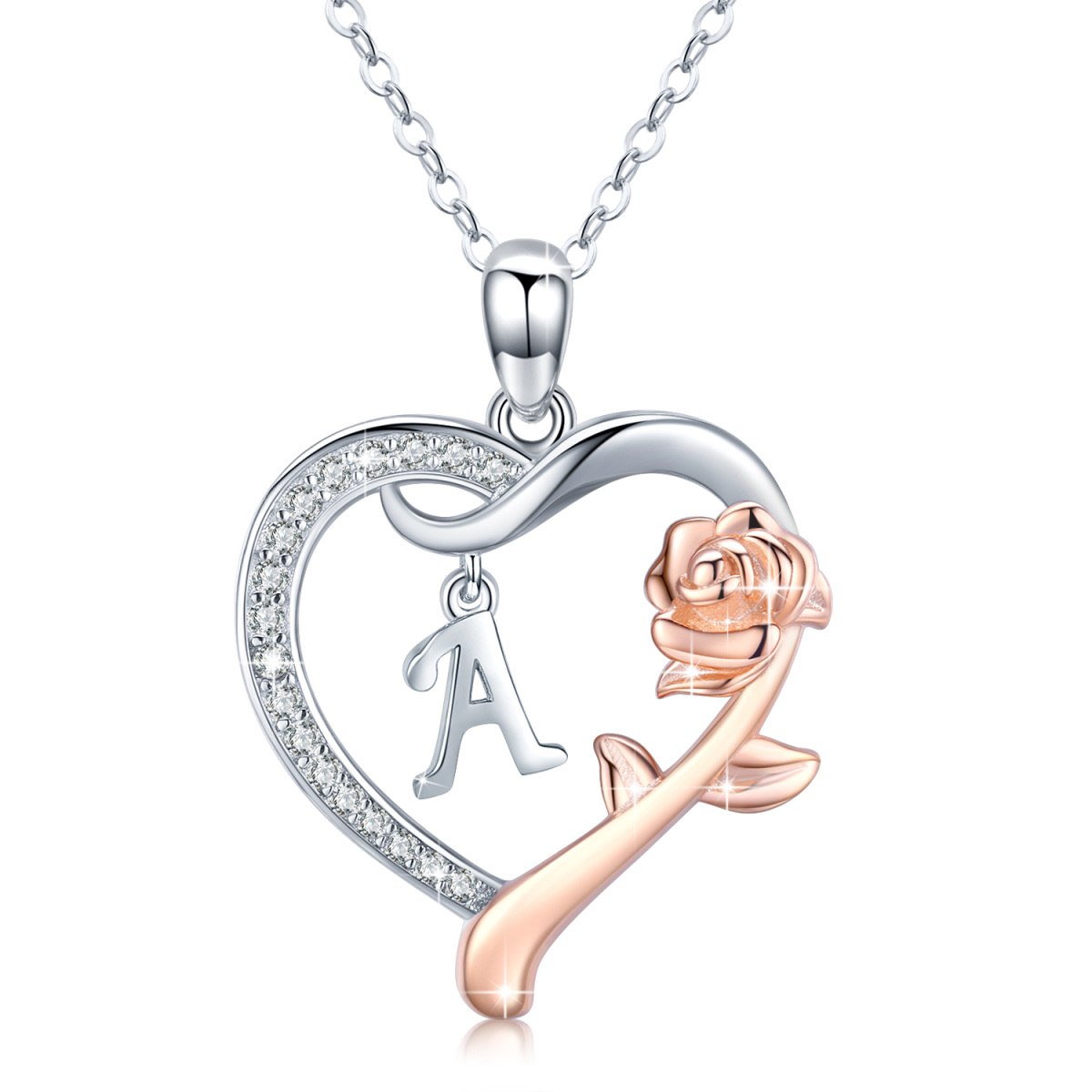 Sterling Silver Two-tone Cubic Zirconia Rose & Heart Pendant Necklace with Initial Letter A-1