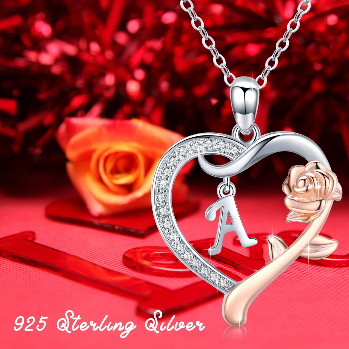 Sterling Silver Two-tone Cubic Zirconia Rose & Heart Pendant Necklace with Initial Letter A-5