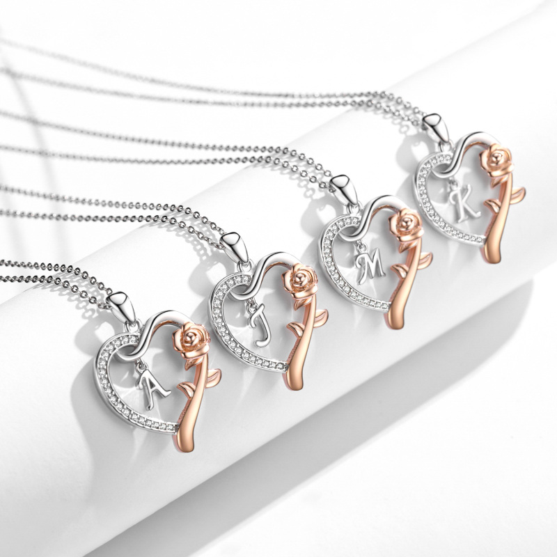 قلادة من الفضة الإسترلينية مرصعة بالزركونيا المكعبة بلونين، مزينة بقلادة وردة وقلب، مع الحرف الأول من الحرف A-6