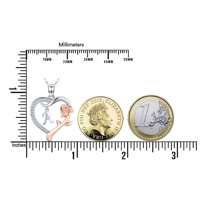 قلادة من الفضة الإسترلينية مرصعة بالزركونيا المكعبة بلونين، مزينة بقلادة وردة وقلب، مع الحرف الأول من الحرف A-7