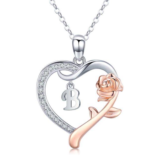 Sterling Silver Two-tone Cubic Zirconia Rose & Heart Pendant Necklace with Initial Letter B-1