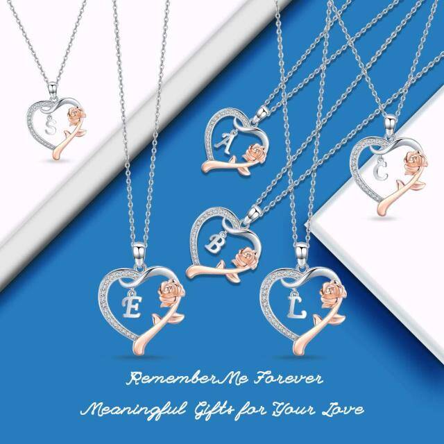 Sterling zilveren tweekleurige Cubic Zirconia roos en hart hanger ketting met initiaal letter B-5