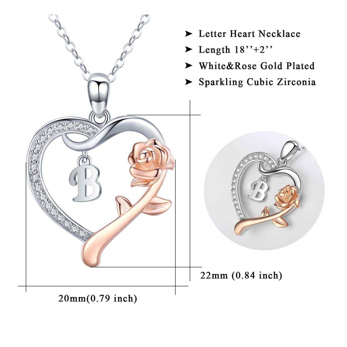 Sterling Silver Two-tone Cubic Zirconia Rose & Heart Pendant Necklace with Initial Letter B-6