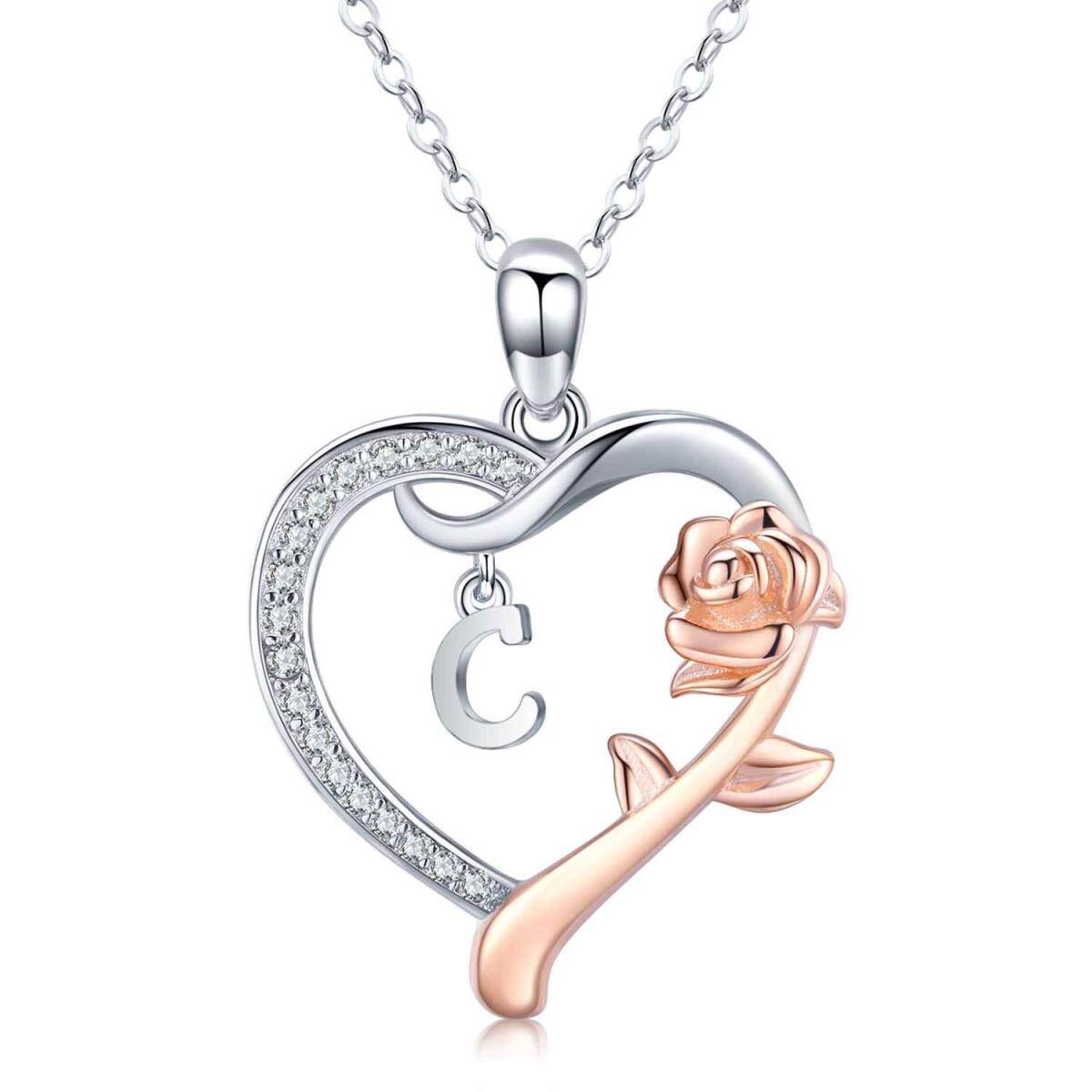 Sterling Silver Two-tone Cubic Zirconia Rose & Heart Pendant Necklace with Initial Letter C-1