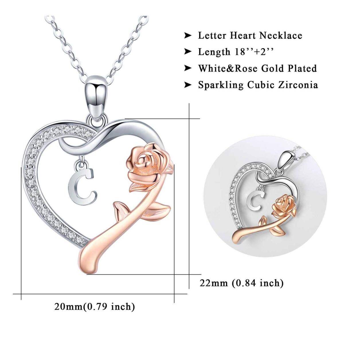 Sterling Silver Two-tone Cubic Zirconia Rose & Heart Pendant Necklace with Initial Letter C-6