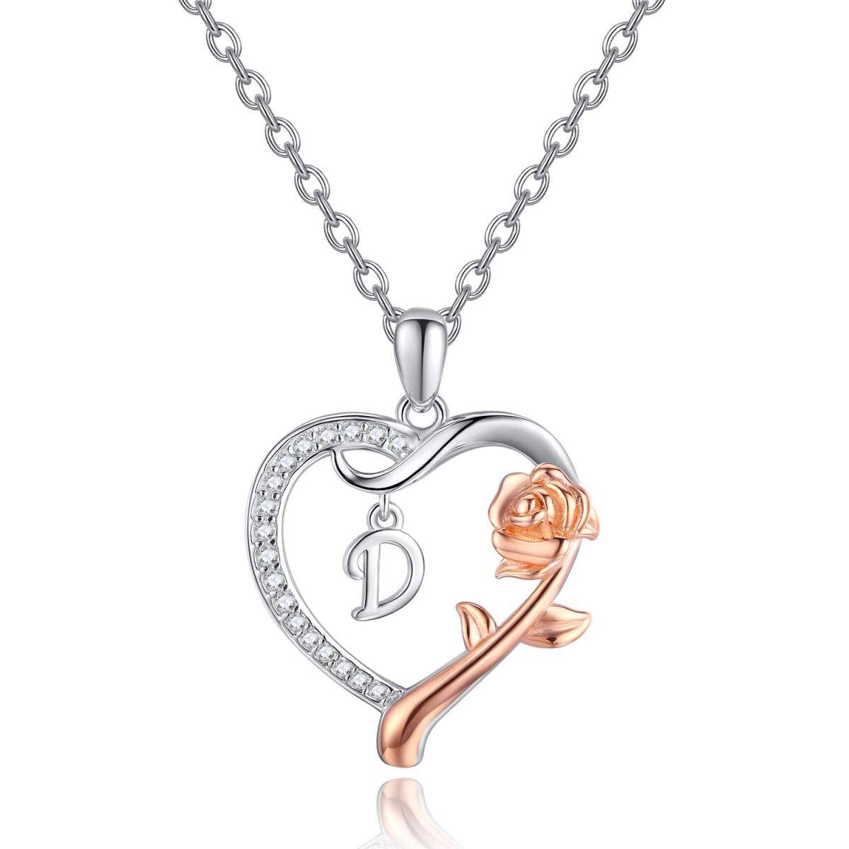 Sterling Silver Two-tone Cubic Zirconia Rose & Heart Pendant Necklace with Initial Letter D-1