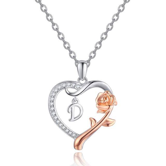 Collar con colgante de corazón de rosa y circonita cúbica de dos tonos en plata de ley con letra inicial D-1