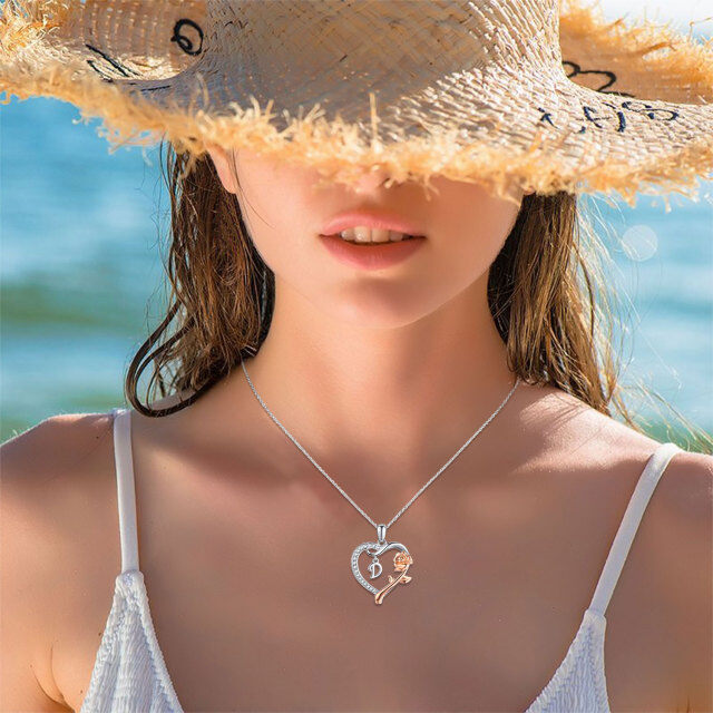 Sterling Silver Two-tone Cubic Zirconia Rose & Heart Pendant Necklace with Initial Letter D-2