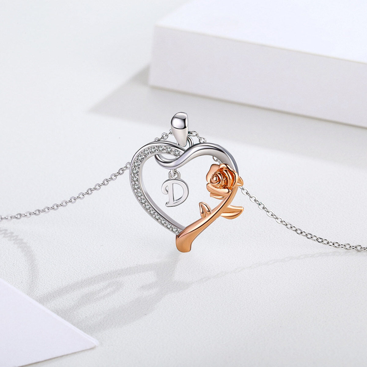 Sterling Silver Two-tone Cubic Zirconia Rose & Heart Pendant Necklace with Initial Letter D-3