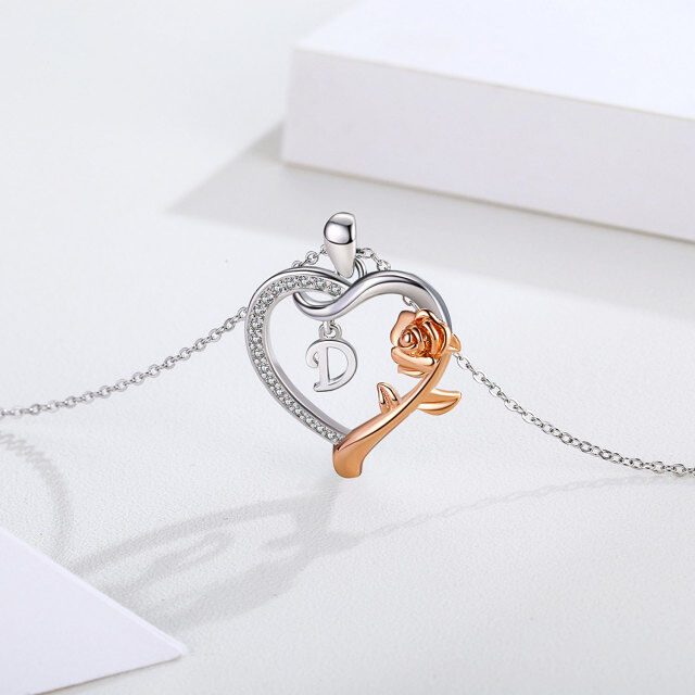 Sterling Silver Two-tone Cubic Zirconia Rose & Heart Pendant Necklace with Initial Letter D-3