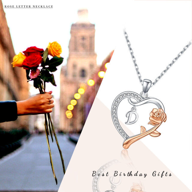 Sterling Silver Two-tone Cubic Zirconia Rose & Heart Pendant Necklace with Initial Letter D-4