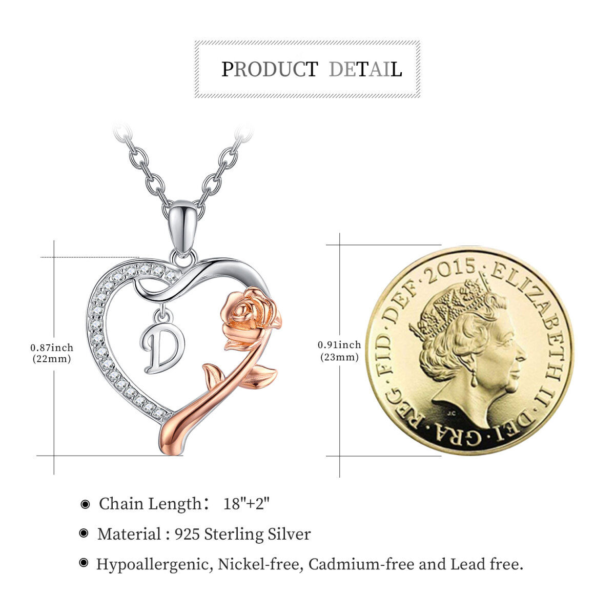 Collier avec pendentif cœur rose en argent sterling et oxyde de zirconium bicolore avec lettre initiale D-5