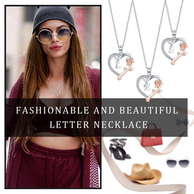 Sterling zilveren tweekleurige Cubic Zirconia roos & hart hanger ketting met initiaal letter E-4